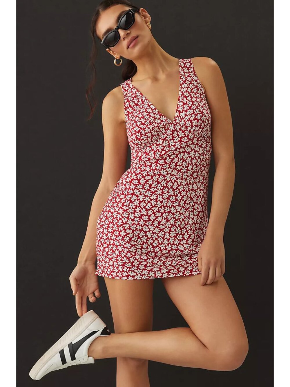 Reformation Anthropologie red white microfloral Calix dress